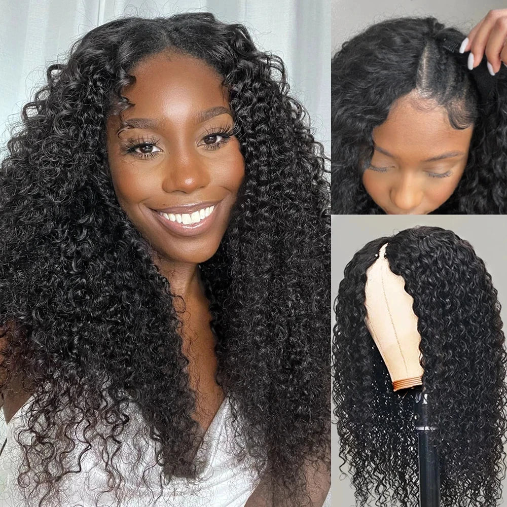 Glueless Kinky Curly V Part Wig Human Hair No Lace Wig Deep Wave Frontal Wig Water Wave Human Hair Wig Brazilian Hair For Women