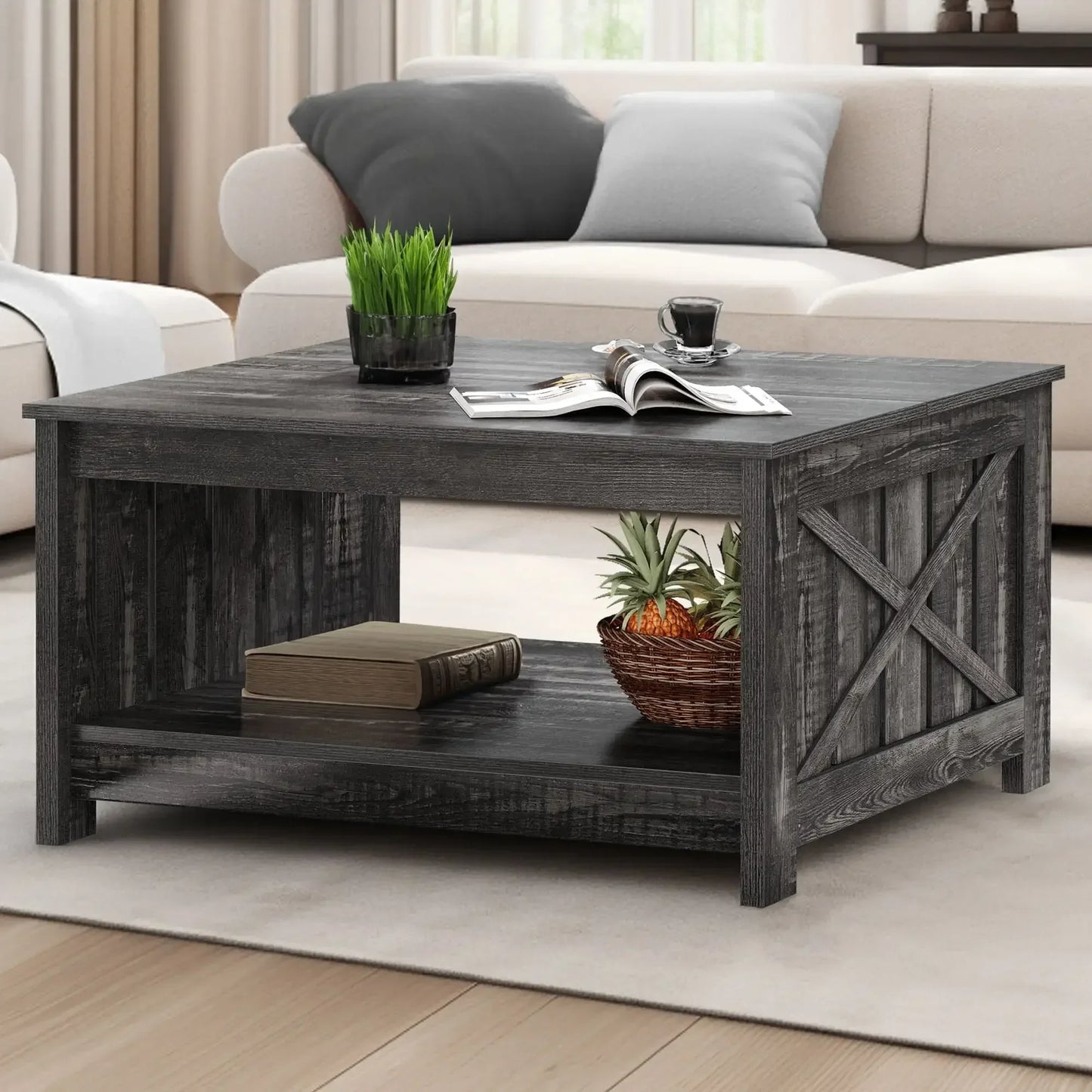 Square Farmhouse Coffee Table with Half Open Storage Compartment in Rustic Gray - Vibrant Variety Store