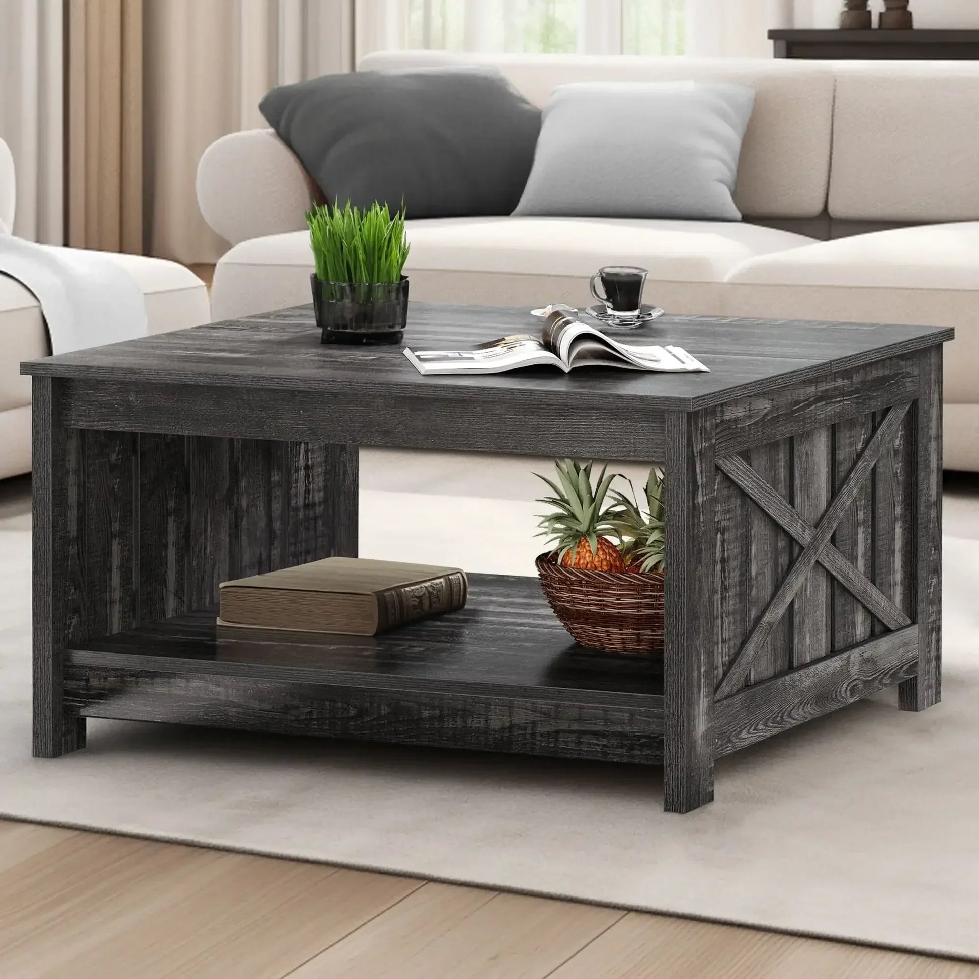 Square Farmhouse Coffee Table with Half Open Storage Compartment in Rustic Gray - Vibrant Variety Store