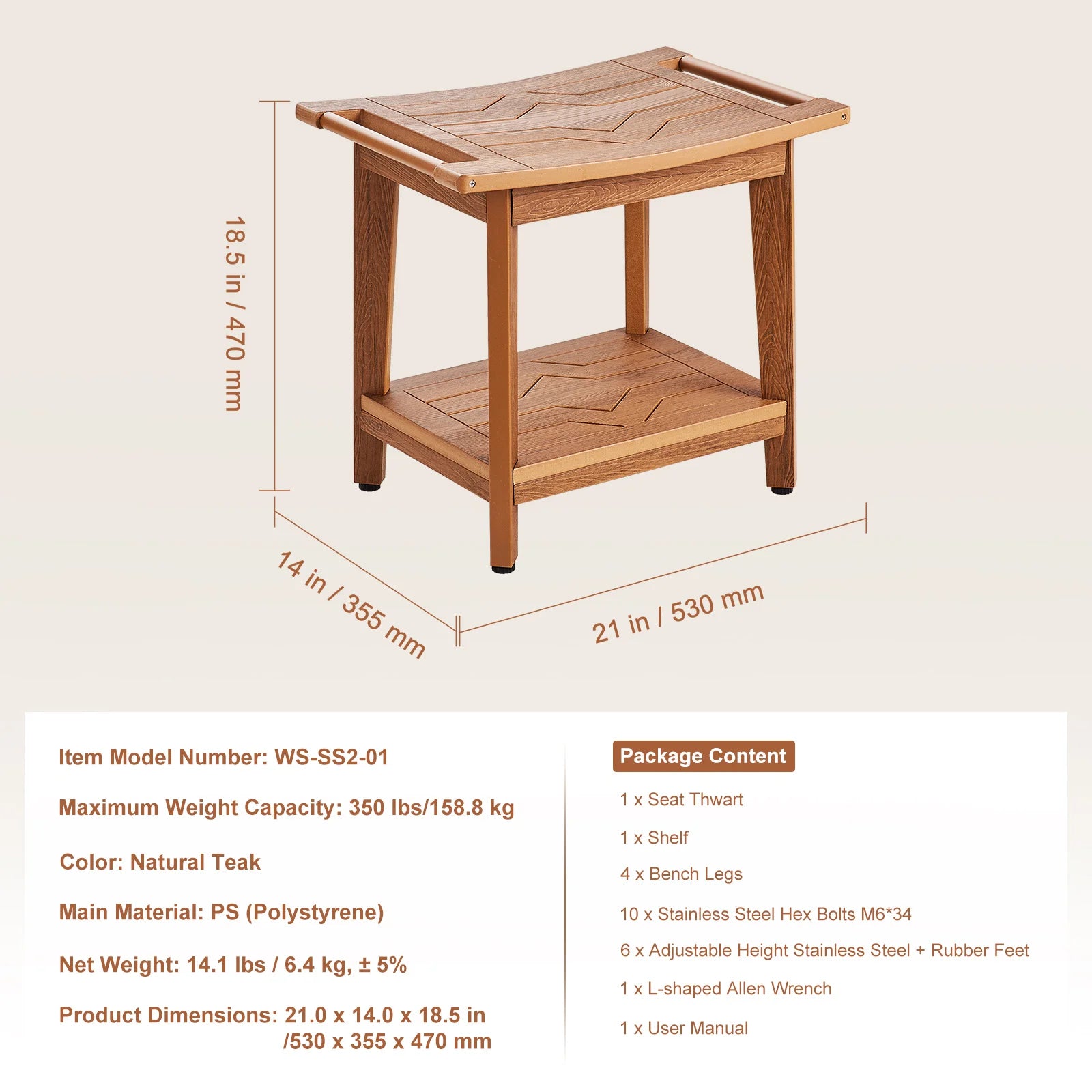 VEVOR Bamboo Shower Bench 19.1 x 11.3 x 18.3 in Waterproof Shower Stool Chair with Storage Shelf 330lbs Load Capacity Spa Seat - Vibrant Variety Store