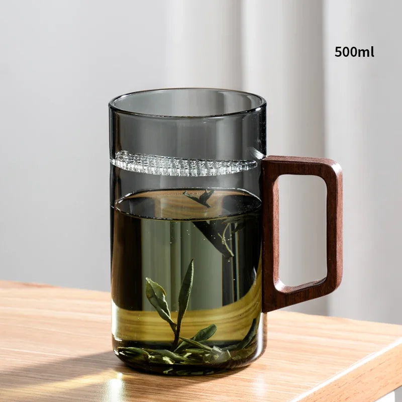 Household Portable Drinkware Transparent Glass Cup Wooden Handle Coffee Mug Kitchen Tea Making Cup Coffeeware Teaware - Vibrant Variety Store