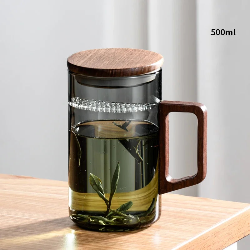 Household Portable Drinkware Transparent Glass Cup Wooden Handle Coffee Mug Kitchen Tea Making Cup Coffeeware Teaware - Vibrant Variety Store