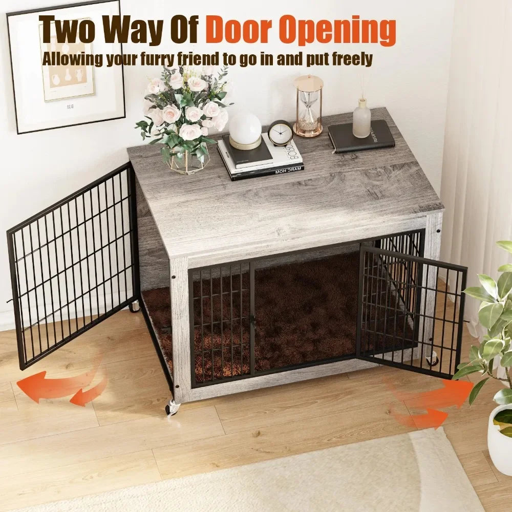 Modern Dog Crate Furniture with Cushion Double Door Wooden Dog Kennel Indoor with Wheels - Vibrant Variety Store