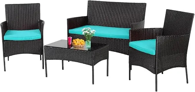 4 Piece Outdoor Wicker Patio Conversation Furniture Set with Coffee Table and Seat Cushions - Vibrant Variety Store
