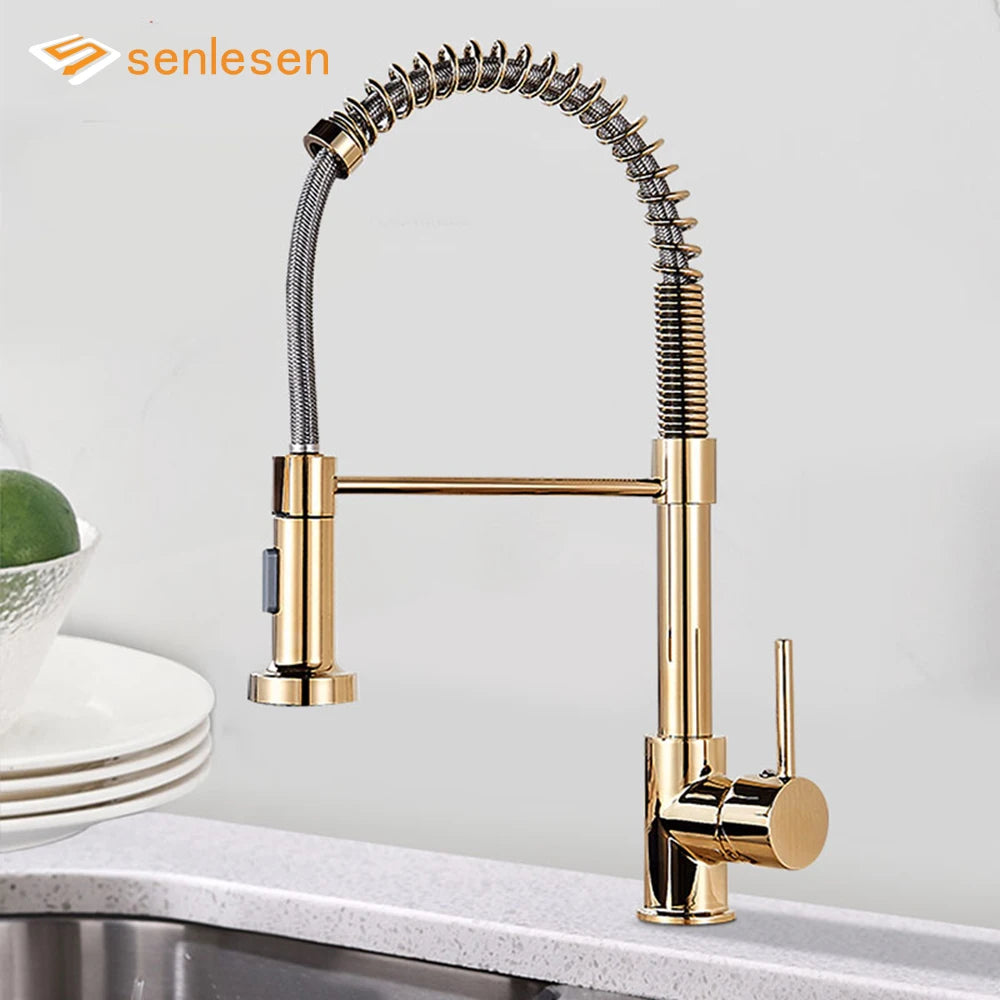 Senlesen Golden Kitchen Spring Faucet Brass Deck Mount 360 Degree Rotate Stream and Sprayer Nozzle Hot and Cold Mixer Vanity Sink Tap - Vibrant Variety Store