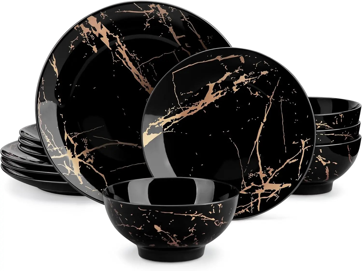 Plates and Bowls Sets for 4, Black Dinnerware Sets 16 Piece Gold Splash Glaze Round Dish Set, Porcelain Plate - Vibrant Variety Store