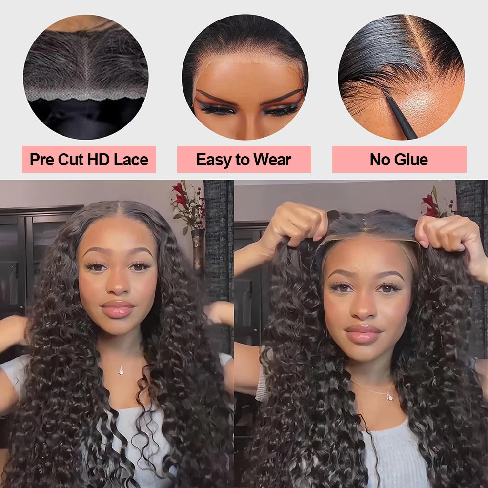 Snwprin 360 HD Full Lace Curly Human Hair Wigs Preplucked 13x6 Lace Frontal Wig Deep Wave Glueless Human Hair Ready To Wear 30In