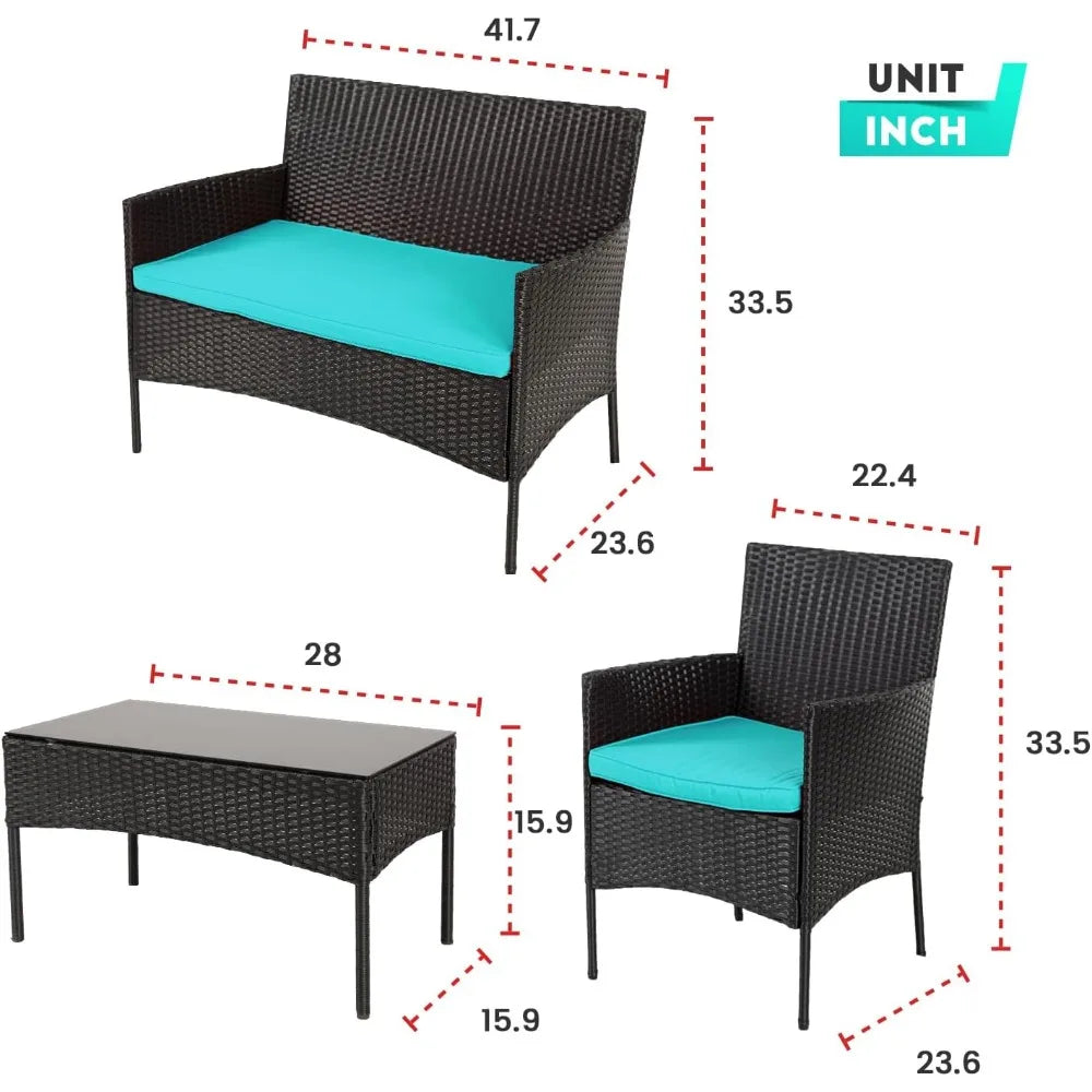 4 Piece Outdoor Wicker Patio Conversation Furniture Set with Coffee Table and Seat Cushions - Vibrant Variety Store