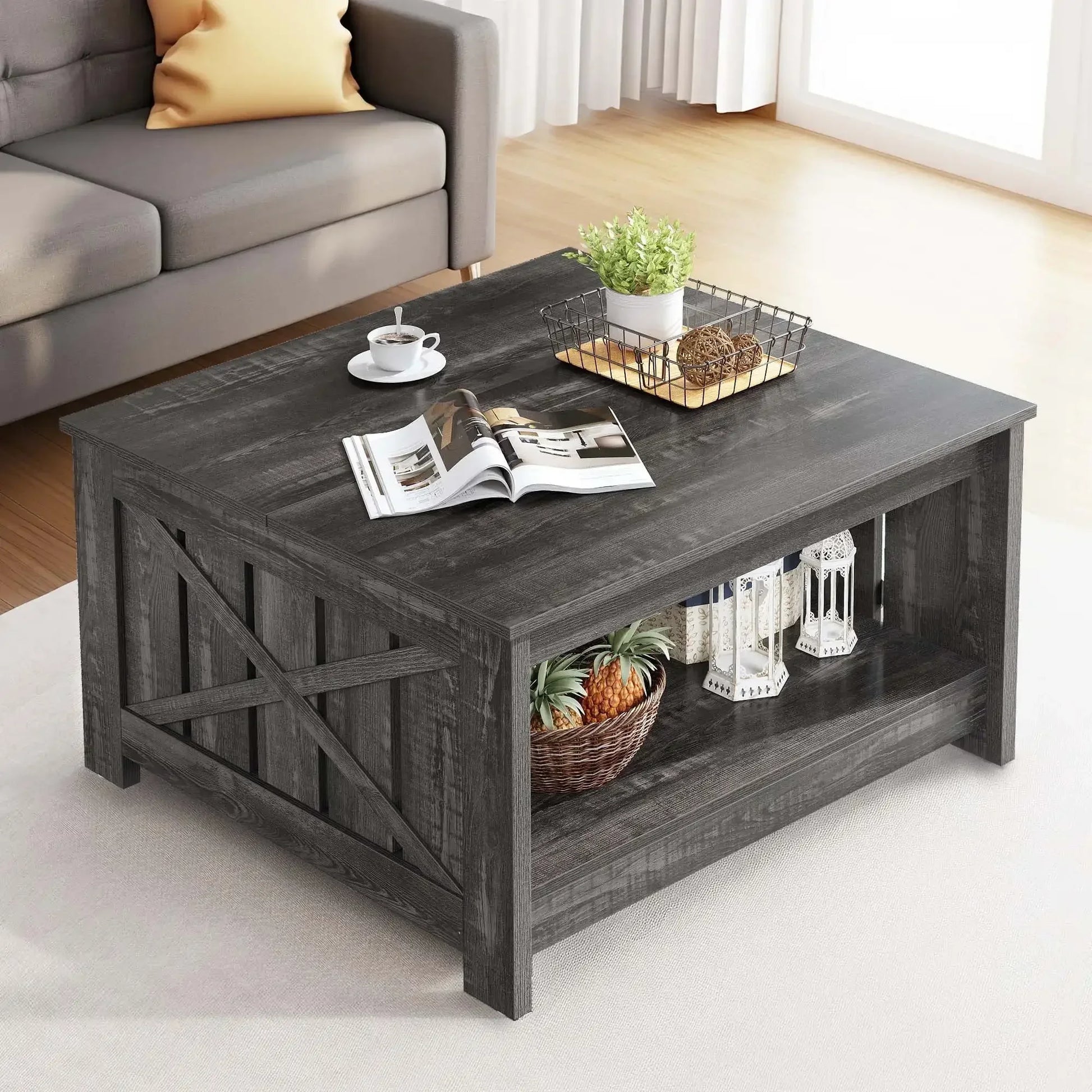 Square Farmhouse Coffee Table with Half Open Storage Compartment in Rustic Gray - Vibrant Variety Store