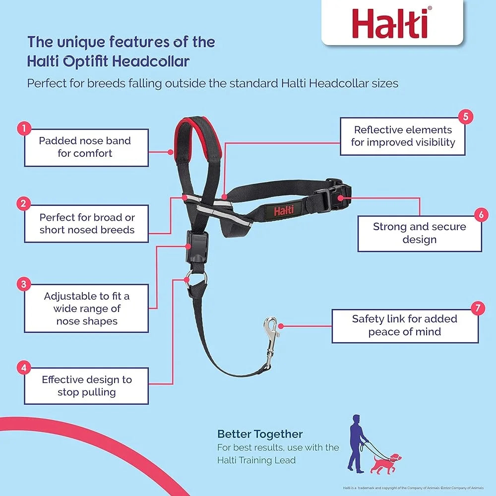 Halti Optifit Headcollar Dogs No Pull Adjustable Reflective Lightweight Padded Nose Band Safe Training Tool with Leash Clip