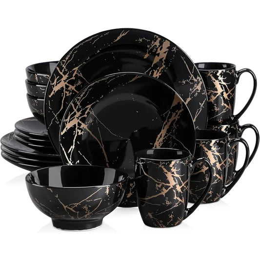 Plates and Bowls Sets for 4, Black Dinnerware Sets 16 Piece Gold Splash Glaze Round Dish Set, Porcelain Plate - Vibrant Variety Store