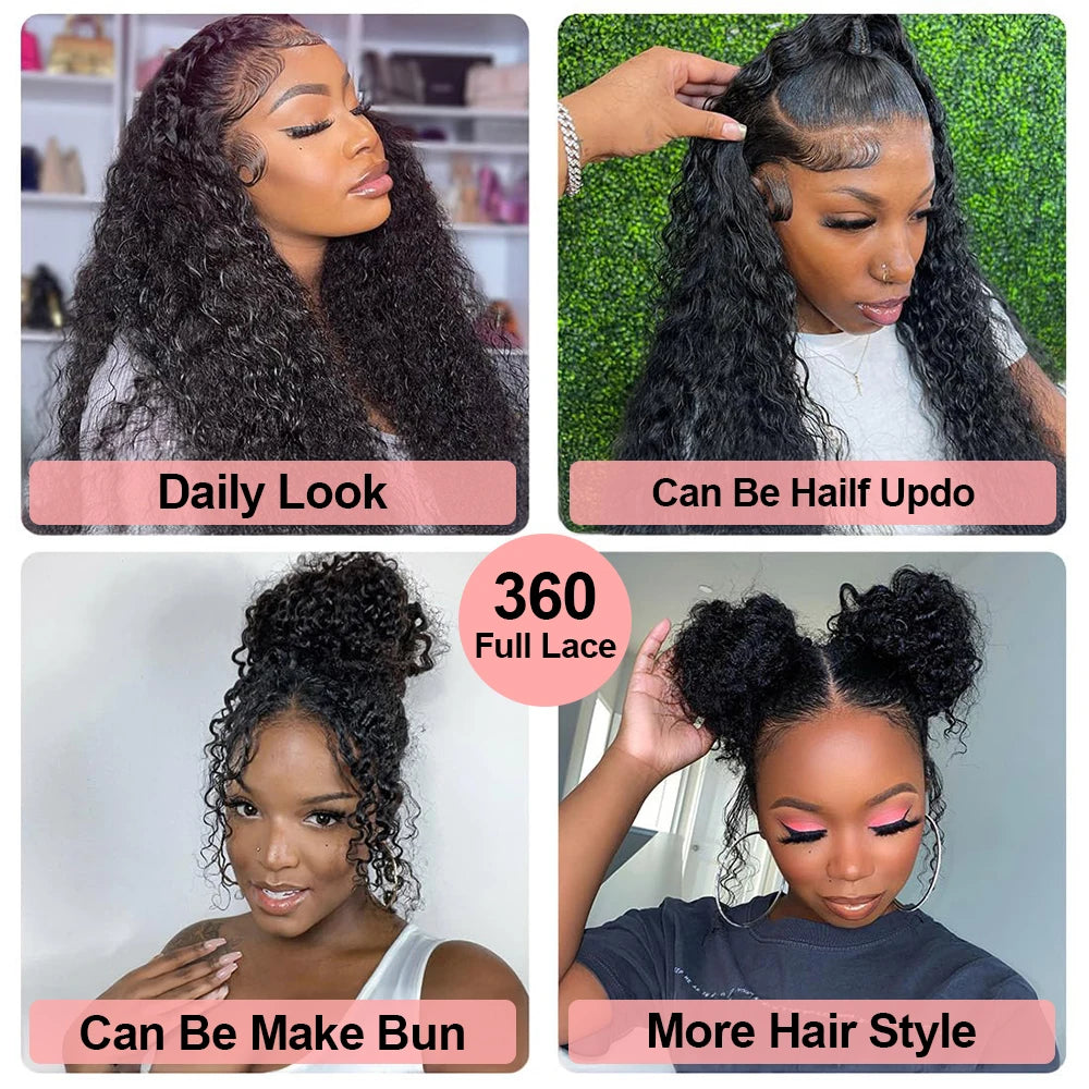 Snwprin 360 HD Full Lace Curly Human Hair Wigs Preplucked 13x6 Lace Frontal Wig Deep Wave Glueless Human Hair Ready To Wear 30In