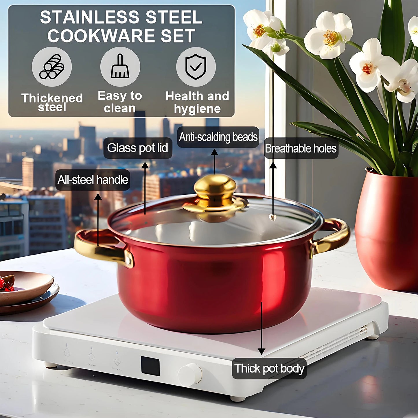 Red Cookware Set, 12-Piece ,Stainless Steel, Non-Stick, Kitchen Cookware Collection,Complete Kitchen Solution