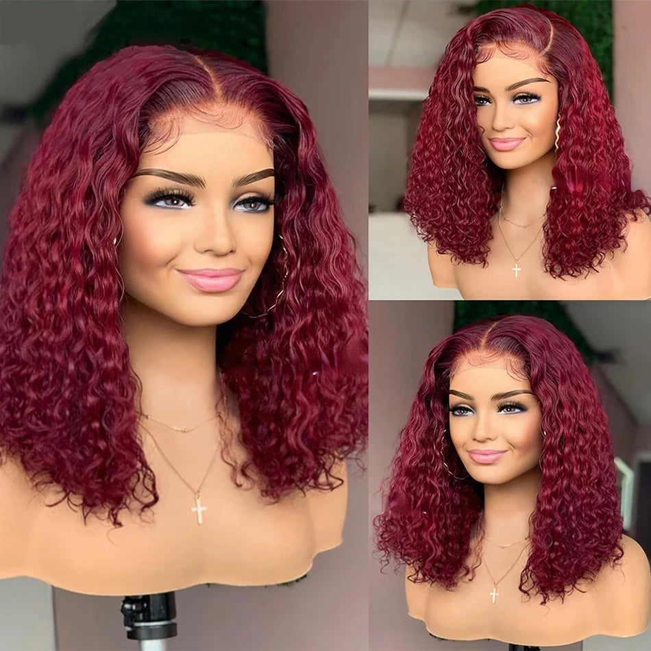 200% 99J Burgundy Short Bob Hair Wig 13x4 Lace Front Wig Human Hair Red Colored Deep Water Wave Lace Frontal Wig 100% Human Hair