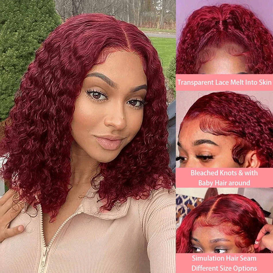 200% 99J Burgundy Short Bob Hair Wig 13x4 Lace Front Wig Human Hair Red Colored Deep Water Wave Lace Frontal Wig 100% Human Hair