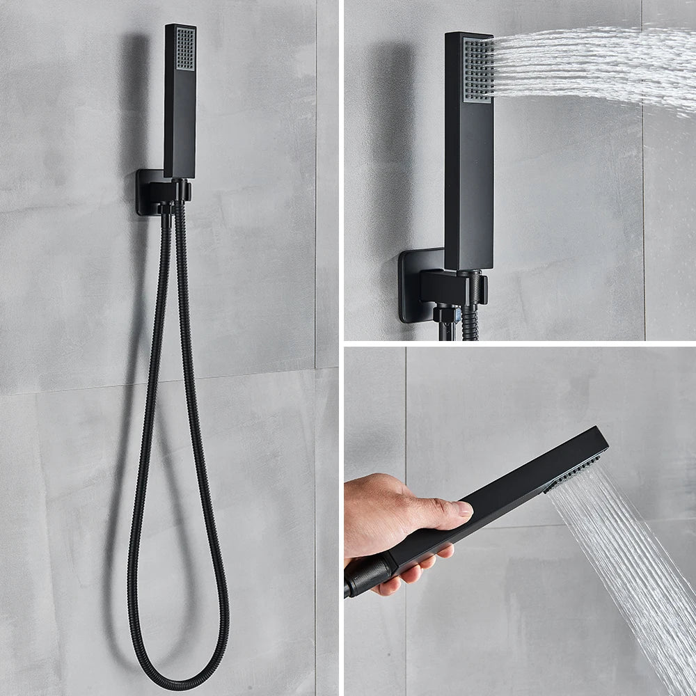 Black Shower Faucets System Bathroom Wall Mounted Rainfall Shower Kit Concealed Embedded Box Hot Cold Water Mixer Tap SUS304 - Vibrant Variety Store
