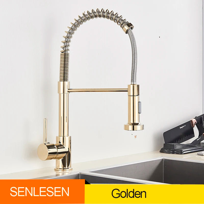 Senlesen Golden Kitchen Spring Faucet Brass Deck Mount 360 Degree Rotate Stream and Sprayer Nozzle Hot and Cold Mixer Vanity Sink Tap - Vibrant Variety Store