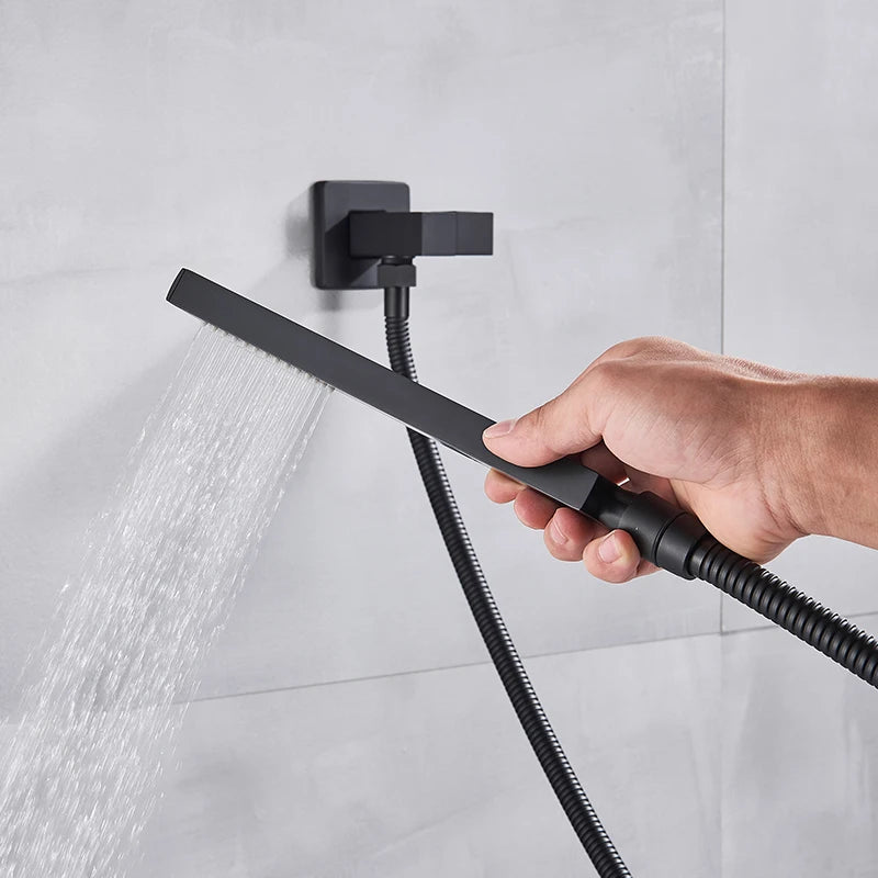 Black Shower Faucets System Bathroom Wall Mounted Rainfall Shower Kit Concealed Embedded Box Hot Cold Water Mixer Tap SUS304 - Vibrant Variety Store