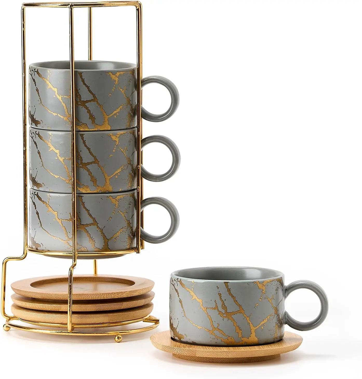 Porcelain Espresso Cup with Saucers and Metal Stand - 6 Ounce Stackable Ceramic Demitasse Espresso Mugs Cappuccino Cups Set - Vibrant Variety Store