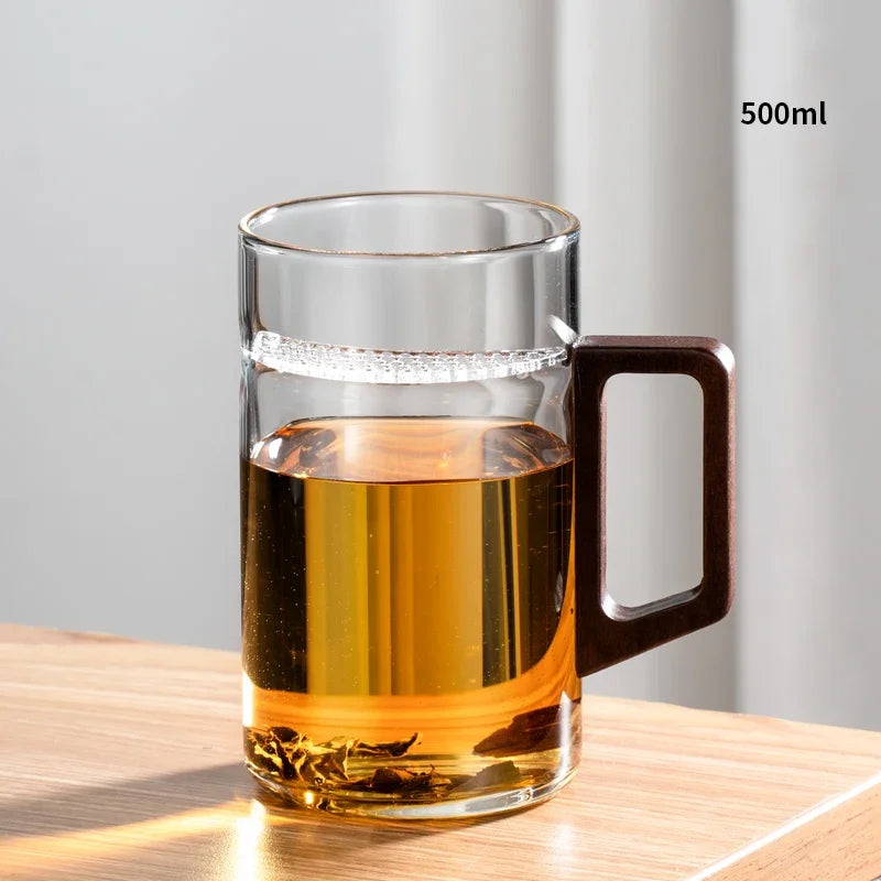 Household Portable Drinkware Transparent Glass Cup Wooden Handle Coffee Mug Kitchen Tea Making Cup Coffeeware Teaware - Vibrant Variety Store