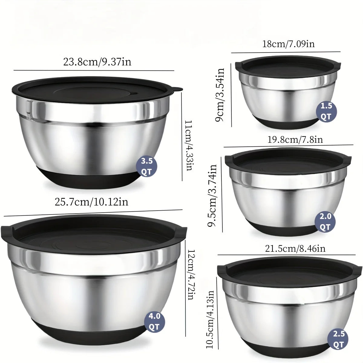 8 Piece Stainless Steel Mixing Bowl Set with Airtight Lids Black Kitchen Bowls for Baking and Serving - Vibrant Variety Store