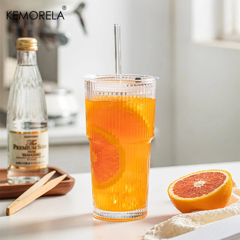 KEMORELA 20 oz Ribbed Glass Tumblers with Lids and Straws 2/4-Piece Glassware Set for Iced Coffee Smoothies Cocktails and Juices
