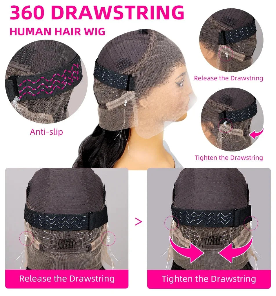 Hidden Strap Body Wave 360 HD Full Lace Front Wigs Human Hair Pre Plucked 12A Glueless Brazilian Virgin Wig With Drawstring