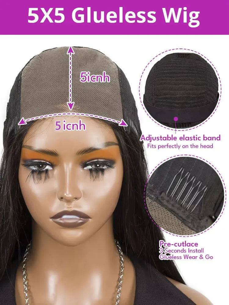 5x5 Kinky Straight Glueless Wigs Pre Cut Lace Kinky Straight Lace Front Wig  Yaki Straight Human Hair Wig For Woman 250% Density - Vibrant Variety Store