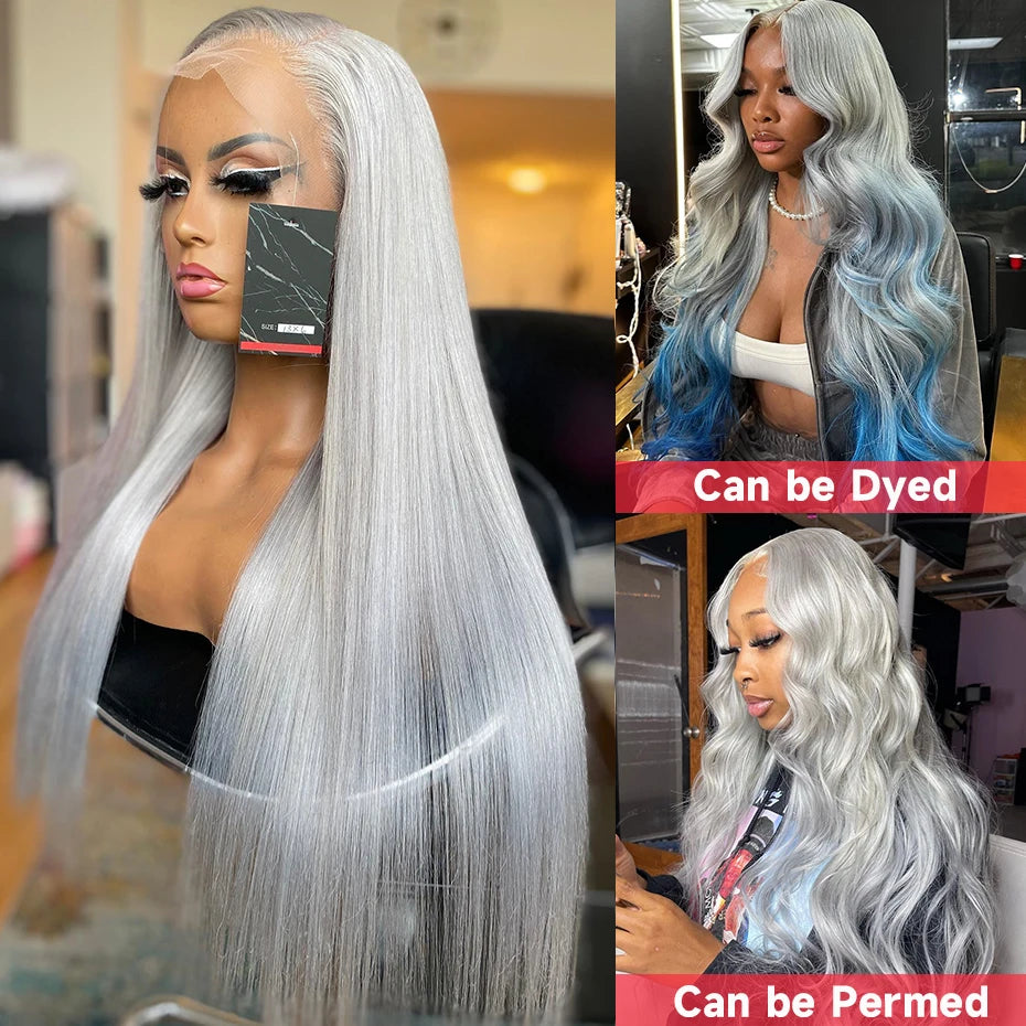 13x6 Silver Grey Straight Lace Front Human Hair Wigs Pre Plucked 613 Blonde Body Wave Frontal Wigs For Women Brazilian Hair Wigs - Vibrant Variety Store