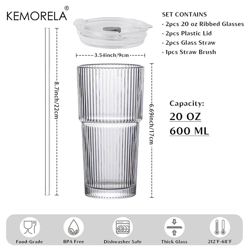 KEMORELA 20 oz Ribbed Glass Tumblers with Lids and Straws 2/4-Piece Glassware Set for Iced Coffee Smoothies Cocktails and Juices