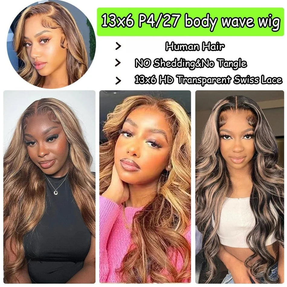Highlight Ombre Wigs Body Wave Human Hair Wigs 13X4 13X6 Hd Lace Frontal Wig  250 Density 38 Inch 427 Pre Plucked Lace Front Wig - Vibrant Variety Store