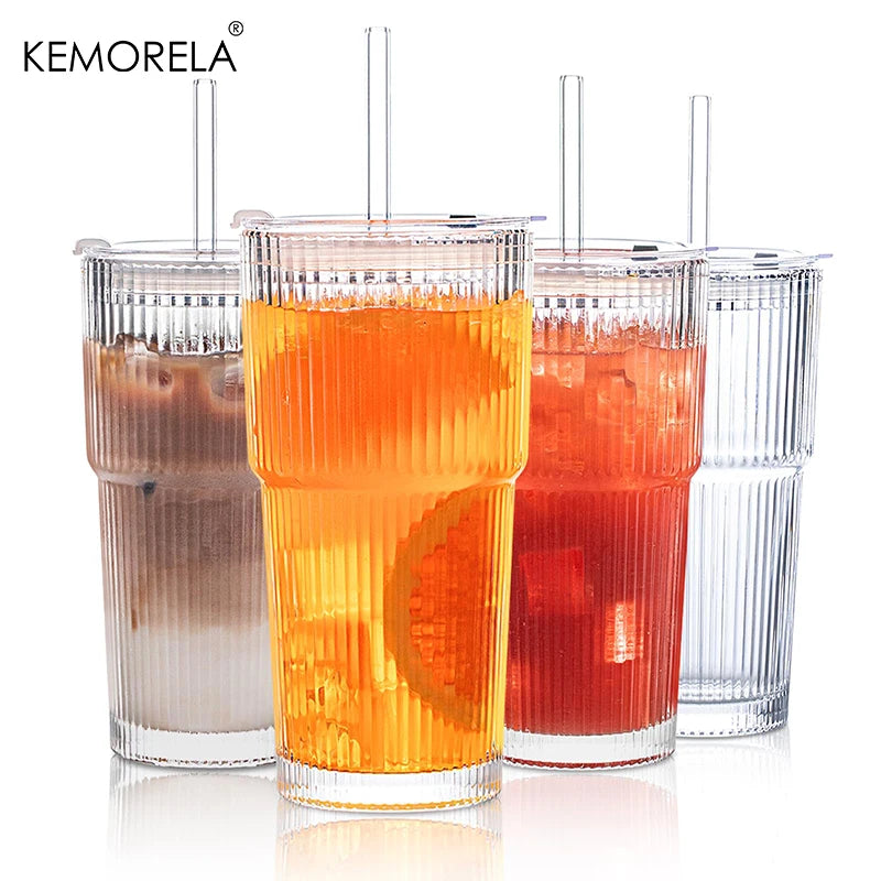KEMORELA 20 oz Ribbed Glass Tumblers with Lids and Straws 2/4-Piece Glassware Set for Iced Coffee Smoothies Cocktails and Juices