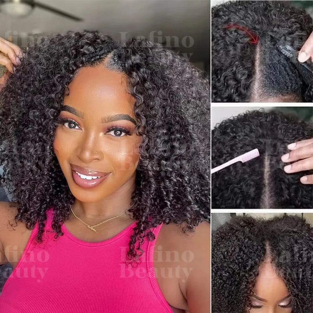Glueless Kinky Curly V Part Wig Human Hair No Lace Wig Deep Wave Frontal Wig Water Wave Human Hair Wig Brazilian Hair For Women