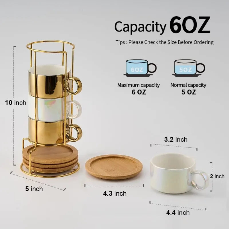 Porcelain Espresso Cup with Saucers and Metal Stand - 6 Ounce Stackable Ceramic Demitasse Espresso Mugs Cappuccino Cups Set - Vibrant Variety Store