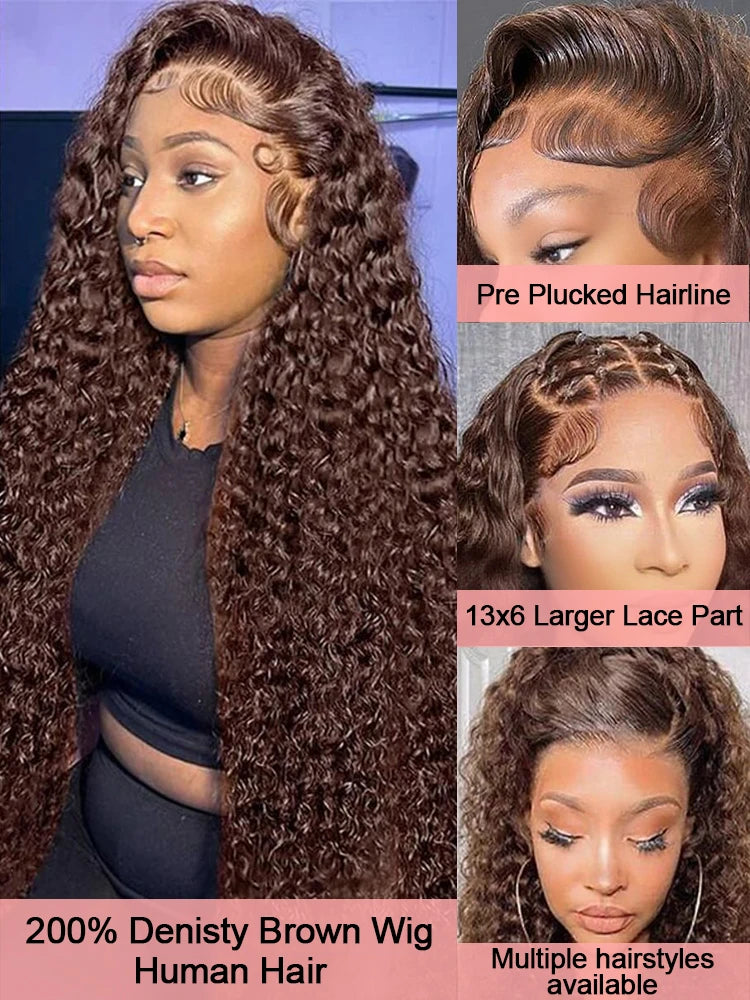 40Inch 13x6 Chocolate Brown Deep Wave Lace Frontal Wigs Human Hair Preplucked Colored Curly Human Hair Wigs For Women 200Density - Vibrant Variety Store