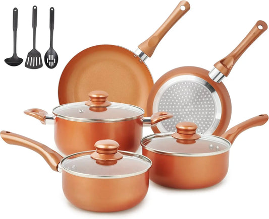 Pots and Pans Set Ultra Nonstick, Pre-Installed 11pcs Cookware Set Copper with Ceramic Coating, Stay cool handle & Nylon Kitchen - Vibrant Variety Store