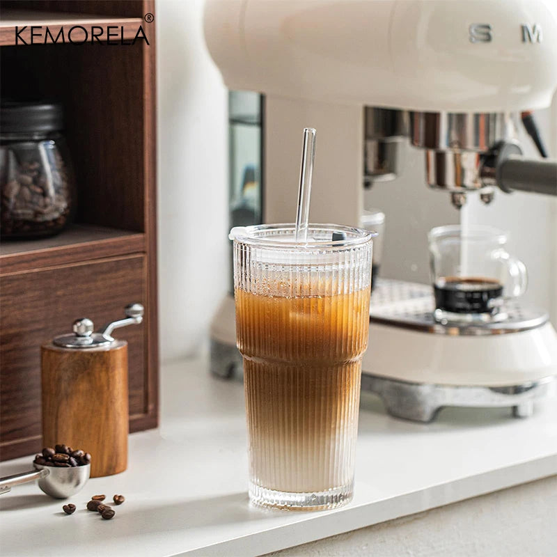 KEMORELA 20 oz Ribbed Glass Tumblers with Lids and Straws 2/4-Piece Glassware Set for Iced Coffee Smoothies Cocktails and Juices