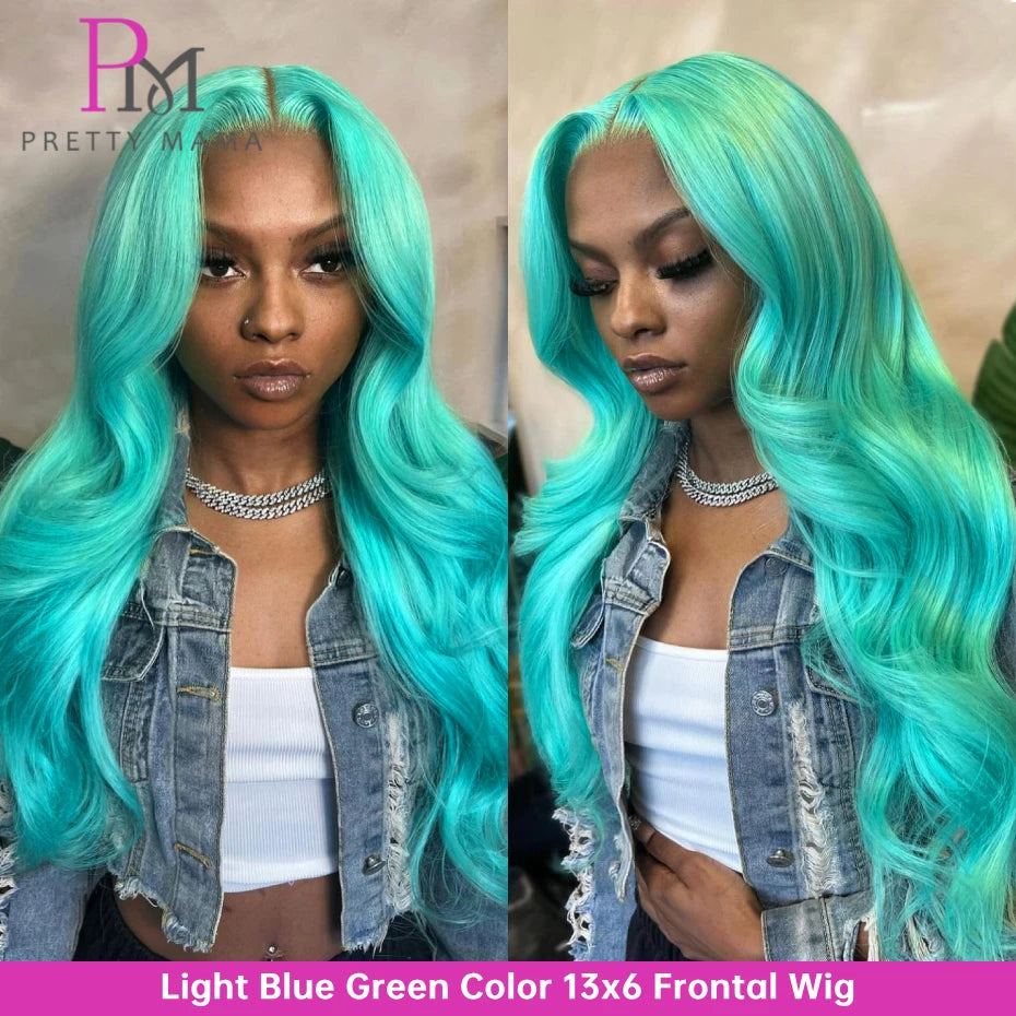 13x6 Cyan Blue Lace Front Wig Body Wave Light Green Lace Front Wig Human Hair Pre Plucked Blonde 613 Lace Frontal Wigs For Women - Vibrant Variety Store