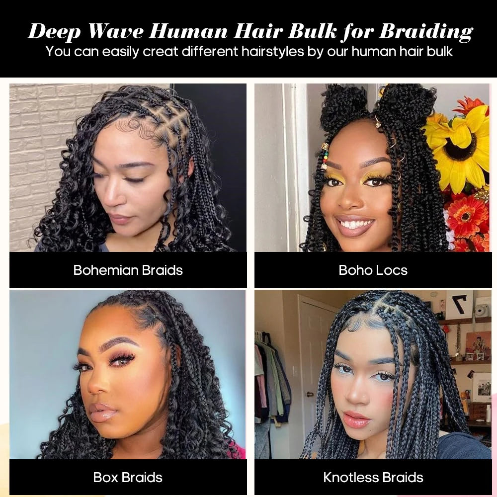Deep Wave Bulk Human Hair for Braiding No Weft 100g (1 Pack-2 Bundles) Brazilian Virgin Human Hair Braiding Hair For BOHO Braids - Vibrant Variety Store