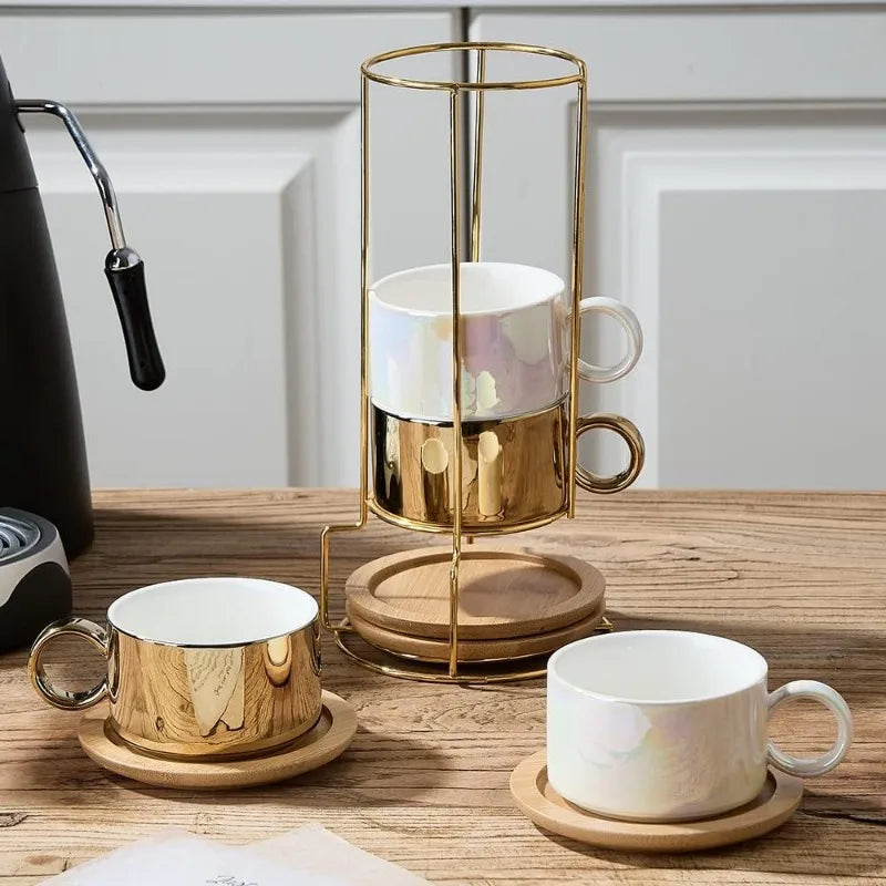 Porcelain Espresso Cup with Saucers and Metal Stand - 6 Ounce Stackable Ceramic Demitasse Espresso Mugs Cappuccino Cups Set - Vibrant Variety Store