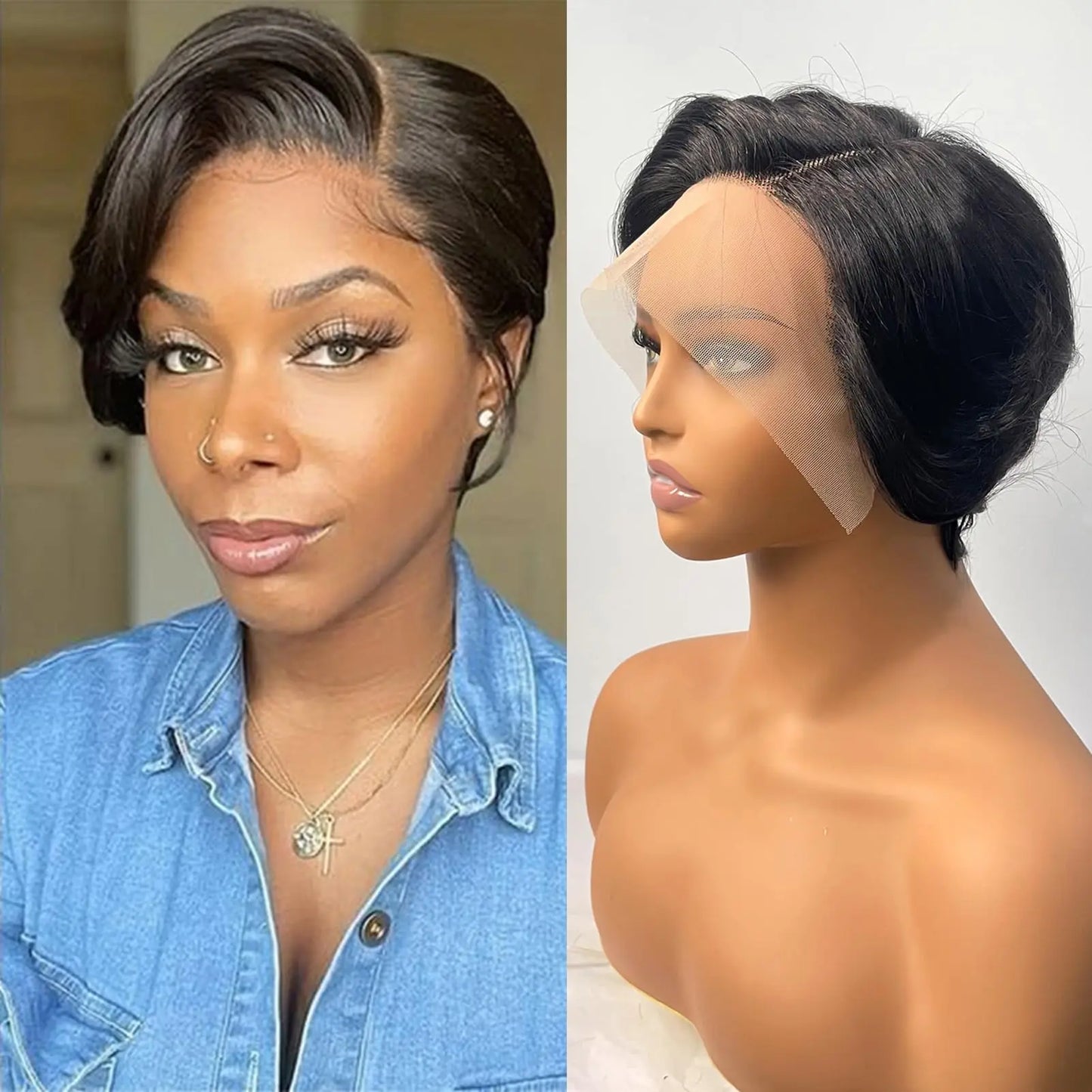 Pixie Cut Wig Human Hair 13x4 Lace Front Wigs Short Pixie Cut  Human Hair Wigs Pre Plucked Short Straight Bob Wigs Natural Black