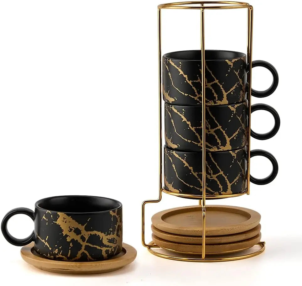 Porcelain Espresso Cup with Saucers and Metal Stand - 6 Ounce Stackable Ceramic Demitasse Espresso Mugs Cappuccino Cups Set - Vibrant Variety Store