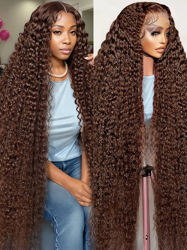 40Inch 13x6 Chocolate Brown Deep Wave Lace Frontal Wigs Human Hair Preplucked Colored Curly Human Hair Wigs For Women 200Density - Vibrant Variety Store