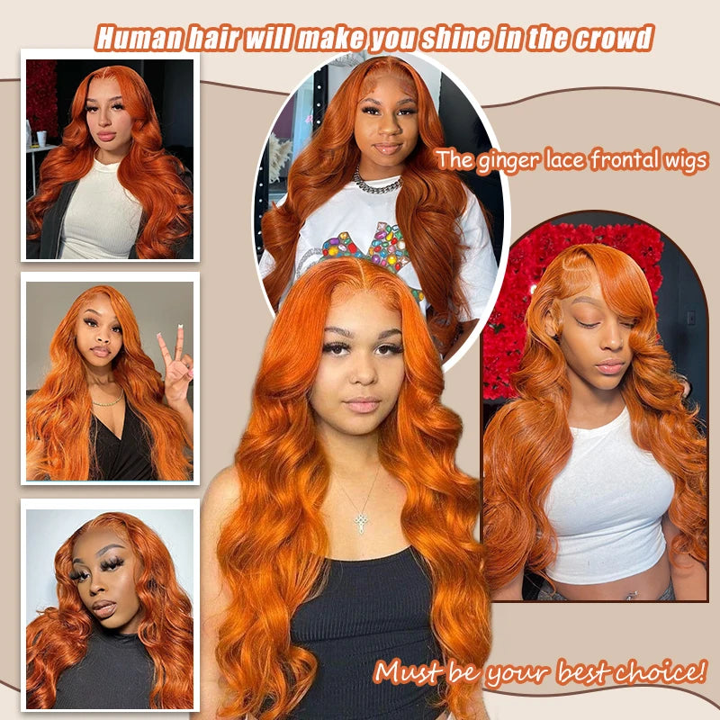 Ginger Orange 13x6 Lace Front Wigs Human Hair 200% Density Body Wave Wig 350 Colored Human Hair Wig Pre Plucked