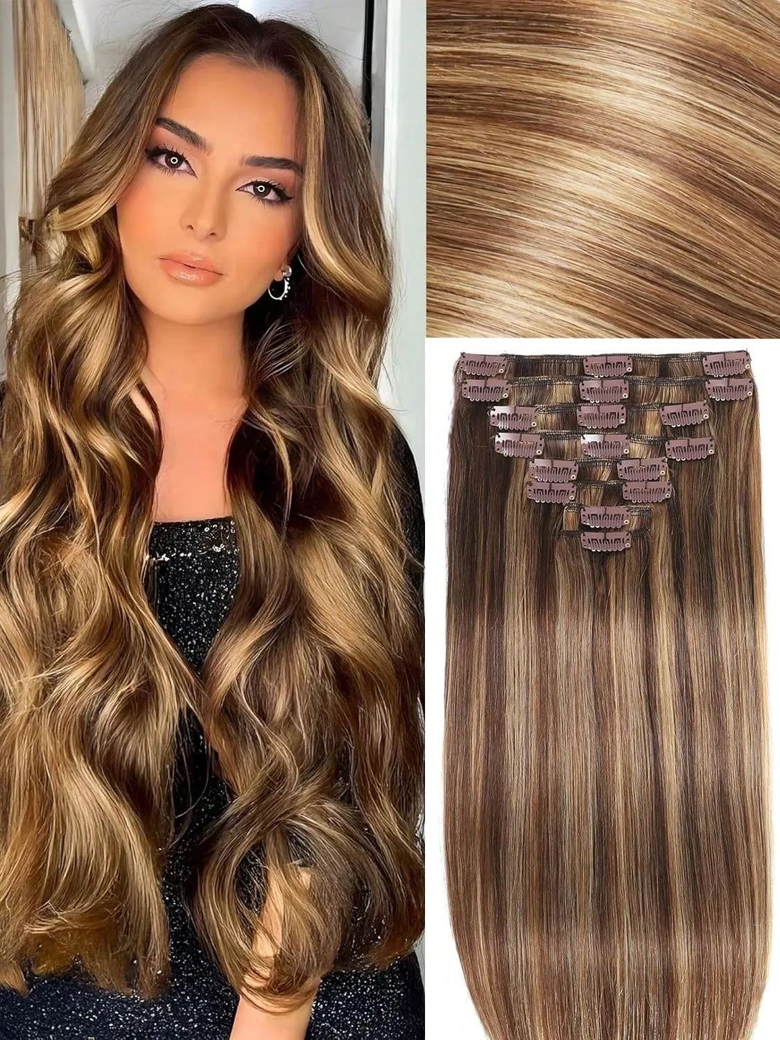 28Inch Stright Clip In Hair Extensions Human Hair 8pcs Straight Hair Silky Black/613 Blonde/Highlight/Ginger/99J/27# - Vibrant Variety Store