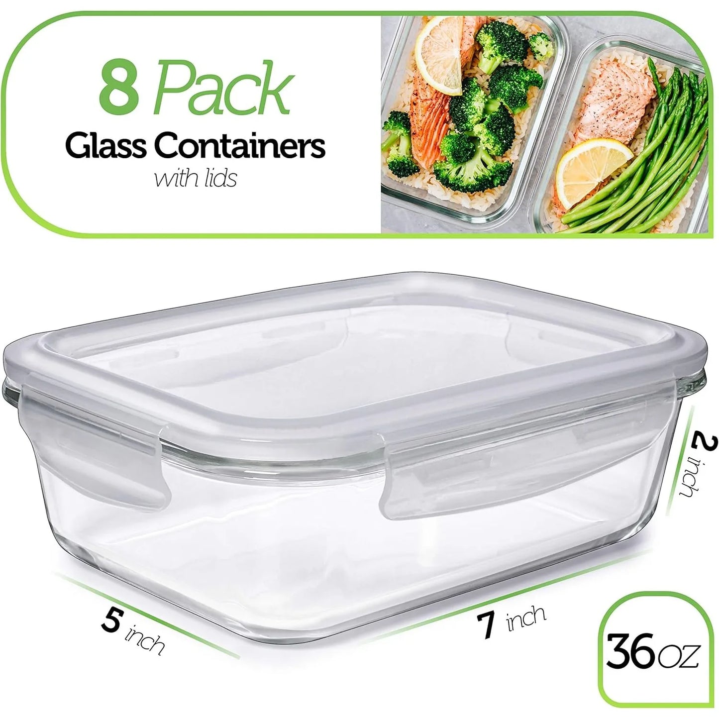 8 Pack 36 Oz Glass Meal Prep Containers - Dishwasher Microwave Freezer Oven Safe - Glass Storage Containers with Lids - Vibrant Variety Store