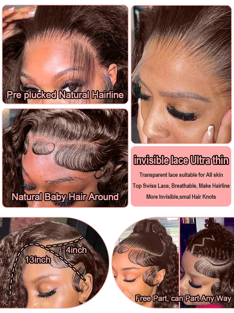40Inch 13x6 Chocolate Brown Deep Wave Lace Frontal Wigs Human Hair Preplucked Colored Curly Human Hair Wigs For Women 200Density - Vibrant Variety Store