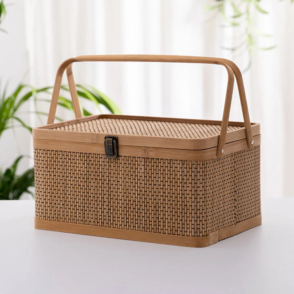 1Pc Woven Bamboo Basket Durable Storage Container Kitchen Garden Harvest Picnic Fruits Vegetable Egg Holder Shopping Bag With - Vibrant Variety Store