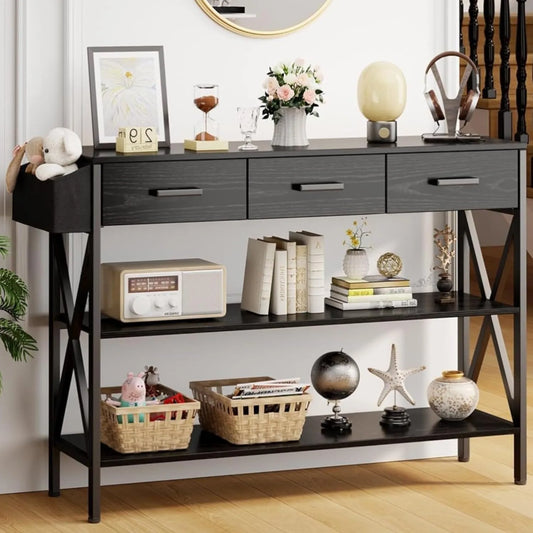 47" Console Table with 3 Drawers, Industrial Entryway Table with 3 Tier Storage Shelves, Narrow Long Sofa Table for Entry Way - Vibrant Variety Store