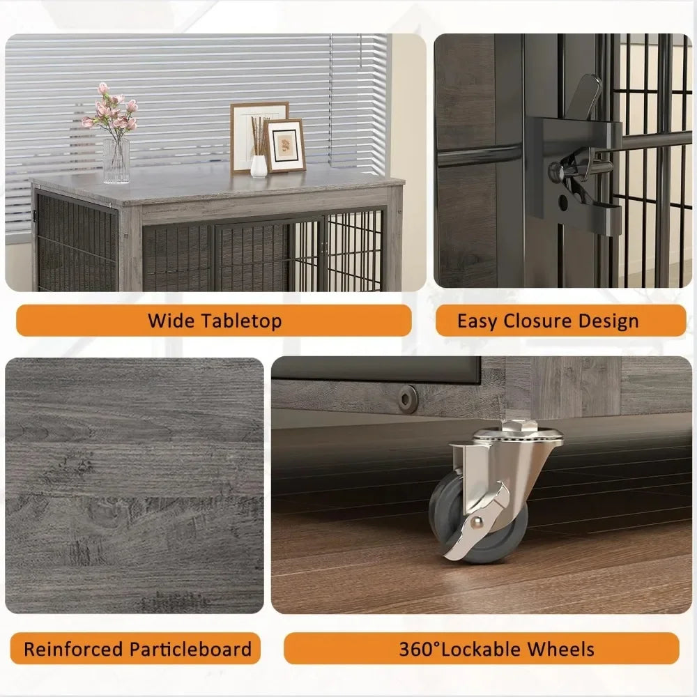 Modern Dog Crate Furniture with Cushion Double Door Wooden Dog Kennel Indoor with Wheels - Vibrant Variety Store